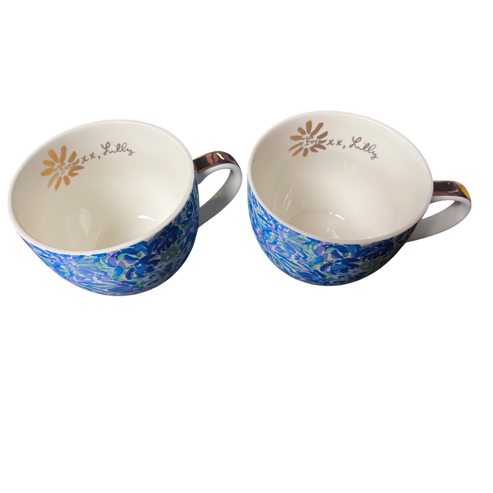 Lilly Pulitzer Floral Coffee Mugs Set of 2‎ Blue Green Gold Accent Ceramic Cups